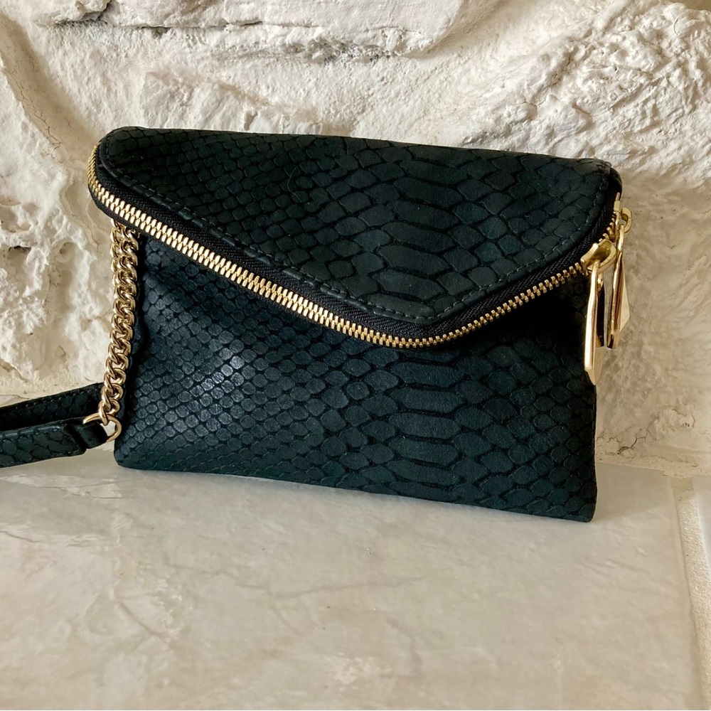EUC Henri Bendel Black Sueded Snakeskin Embossed Leather Wristlet Clutch - Picture 2 of 14